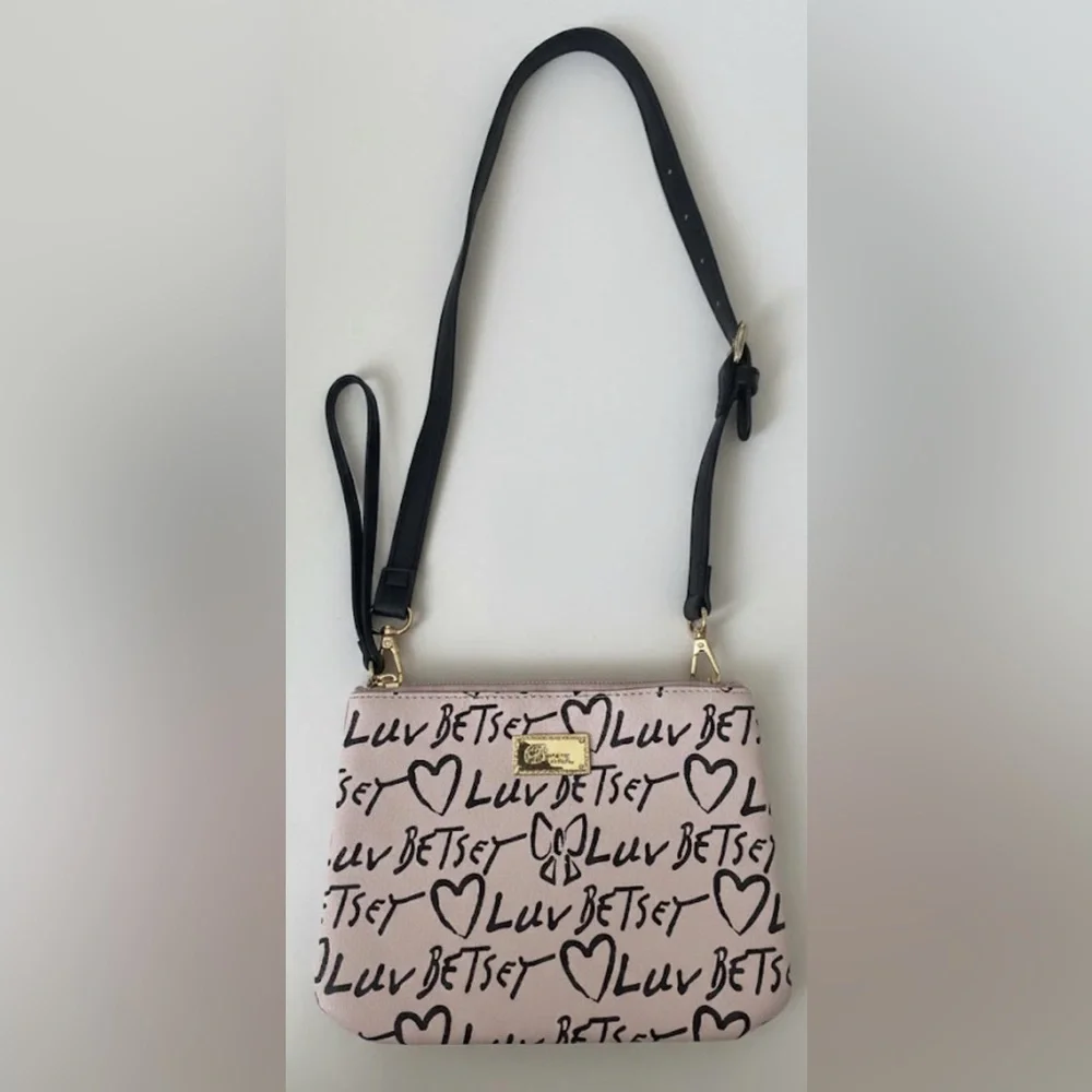 Betsey Johnson Black and Pink Script Clutch | Shoulder Bag